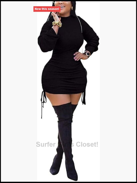 Dresses & Skirts - Women Sexy Winter Club Ruched Long Sleeve Drawstring Mini Bodycon Dress